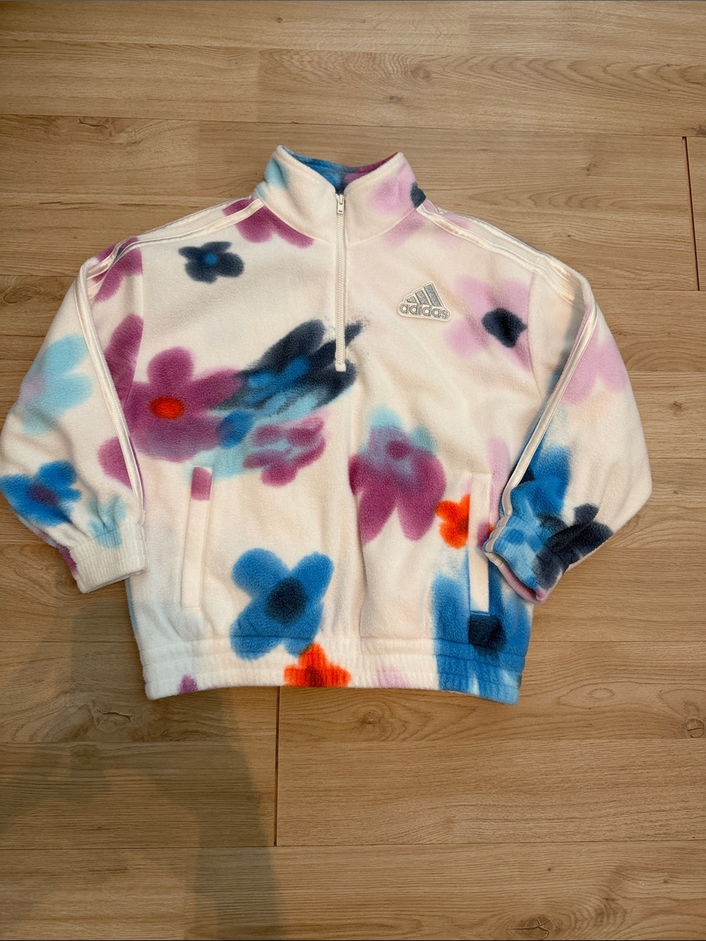 adidas Girls S White Floral Print Quarter -Zip Fleece Pullover